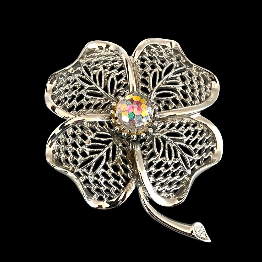 Vintage 1960s Emmons Silver Tone Flower Brooch AB Crystal Clover - 10S